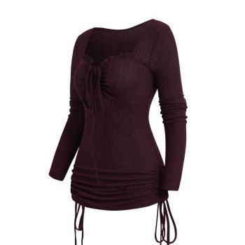 

Cinched Ruched Ruffles Tie Knot Knit Top Long Sleeve Solid Color Sweetheart Neck Knitted Top, Deep red