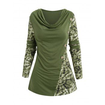 

Tie Dye Print Cowl Neck T-shirt Mock Button Long Sleeve Casual Tee, Deep green
