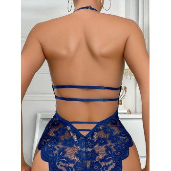 Sheer Floral Lace Halter Teddy Bodysuit Backless Ladder Scalloped Trim Lingerie Bodysuit