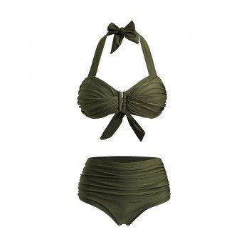 

Plain Color U-ring Tied Back Ruched Padded Two Piece Swimwear, Deep green