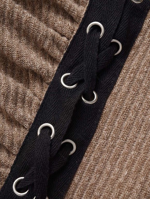 Haut Décontracté Tricoté Panneau en Blocs de Couleurs Manches Longues à Col Bénitier à Lacets - café XXL | US 14