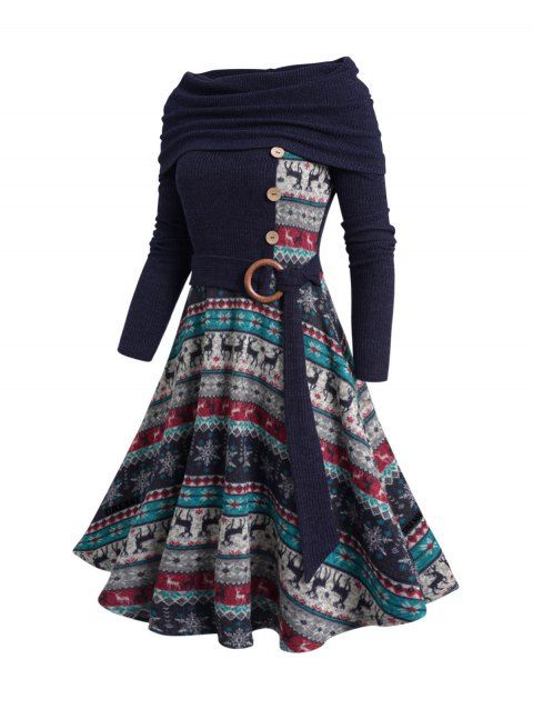 Christmas Elk Snowflake Tribal Graphic Knit Dress Mock Button Foldover O Ring Self-belt Knitted Ethnic Dress