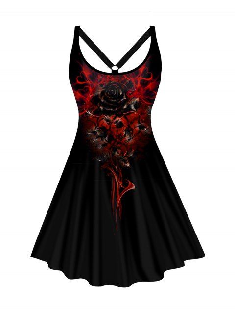 Plus Size Flame Rose Print Dress O Ring Elastic Strap Cami Dress