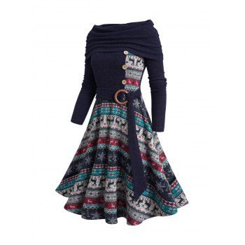 

Christmas Elk Snowflake Tribal Graphic Knit Dress Mock Button Foldover O Ring Self-belt Knitted Ethnic Dress, Deep blue