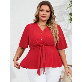 

Plus Size Tie Front Half Button V Neck Solid Color Blouse, Red