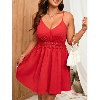 

Plus Size Lace Panel Solid Color V Neck Spaghetti Strap Dress, Red