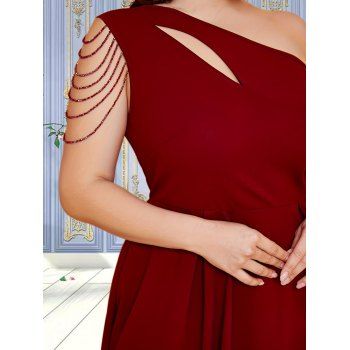 Plus Size Cut Out One Shoulder Beaded Detail A-line Plain Color Maxi Dress