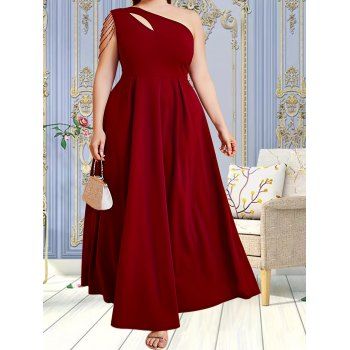 

Plus Size Cut Out One Shoulder Beaded Detail A-line Plain Color Maxi Dress, Red