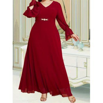 

Plus Size Plain Color V Neck Poet Sleeve Mid Waist Maxi Dress, Red