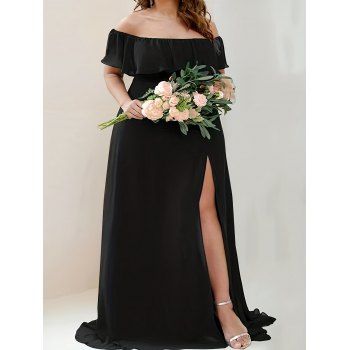 

Plus Size Solid Color Off Shoulder Ruffle Trim High Side Slit Dress, Black