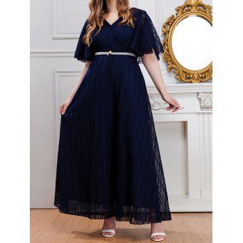 

Plus Size Crossover Faux Pearl Belt Mesh Overlay Trumpet Sleeve Solid Color Dress, Deep blue