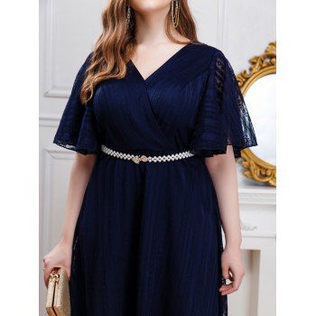 Plus Size Crossover Faux Pearl Belt Mesh Overlay Trumpet Sleeve Solid Color Dress