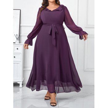 

Plus Size Poet Sleeves Ruffles Collar Layered Tied Chiffon A Line Dress, Concord