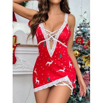 

Christmas Sexy Lace Deep V Lingeire Bodysuit Set Crisscross Lingerie Set, Red