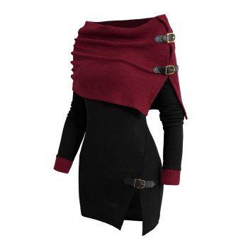 

Open Shoulder Knit Foldover Top Long Sleeve Buckle Strap Solid Color Top, Black