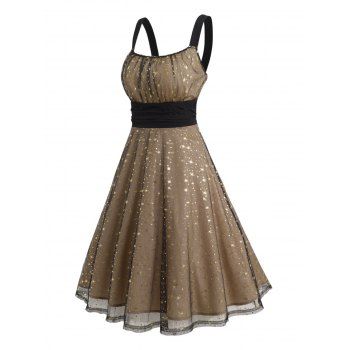 

Sparkly Star Sheer Mesh Overlay Party Dress Ruched Backless High Waist Midi Dress, Champagne