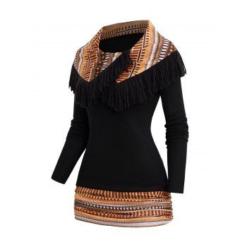 

Tribal Strip Geometric Print Tassel Top Long Sleeve Ruched Ethnic Top, Black