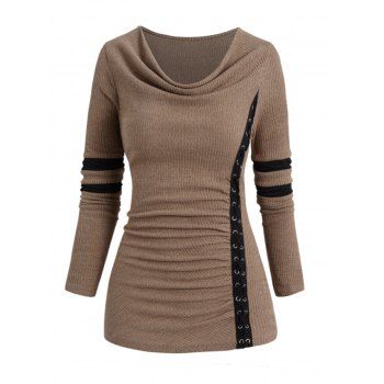 Cowl Neck Colorblock Panel Knit Top Lace Up Long Sleeve Casual Knitted Top 