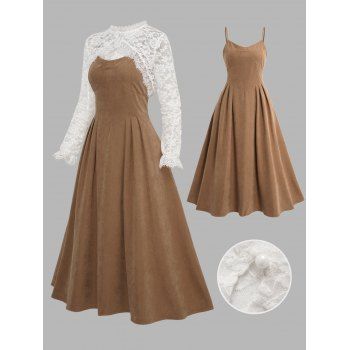 

Suede Solid Color Spaghetti Strap Dress And Retro Lace Cardigan Top Set, Coffee