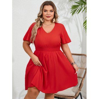

Plus Size Solid A Line V Neck Midi Casual Dress, Red