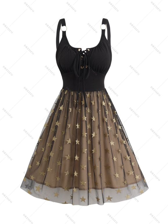 Mini Robe de Soirée Superposée Motif D'Etoile en Maille Transparente à Lacets - Noir XXL | US 14