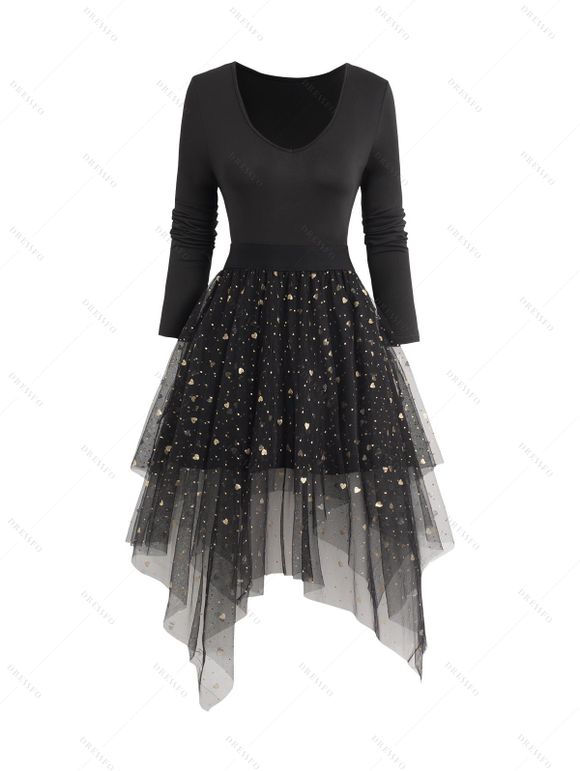 Robe Mi-longue Asymétrique Superposée Maille Insérée Manches Longues à Col V - Noir XXL | US 14