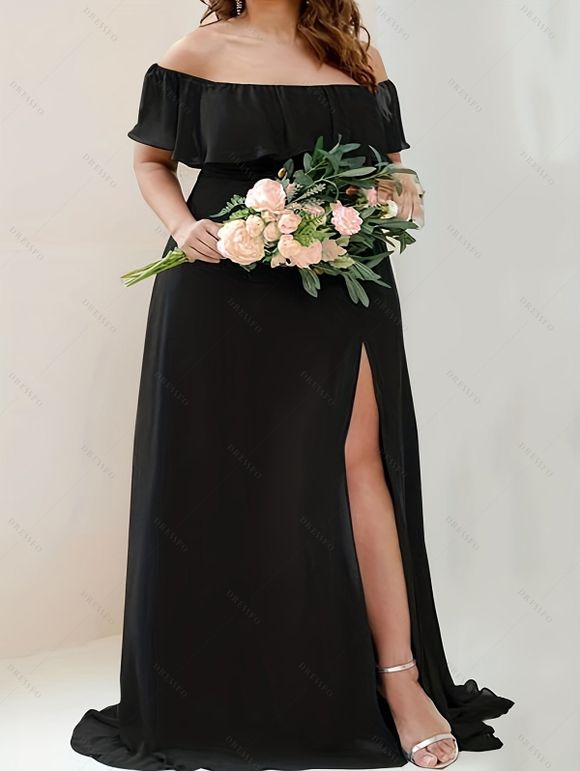 Plus Size Solid Color Off Shoulder Ruffle Trim High Side Slit Dress - BLACK 4XL | US 18