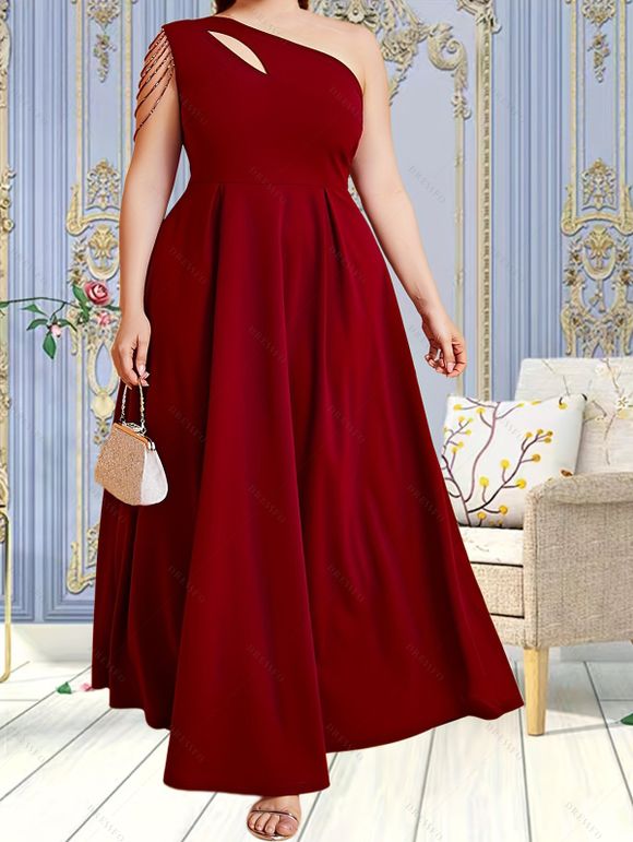 Plus Size Cut Out One Shoulder Beaded Detail A-line Plain Color Maxi Dress - RED 4XL | US 18