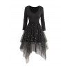 Robe Mi-longue Asymétrique Superposée Maille Insérée Manches Longues à Col V - Noir XXL | US 14