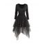 Robe Mi-longue Asymétrique Superposée Maille Insérée Manches Longues à Col V - Noir XXL | US 14