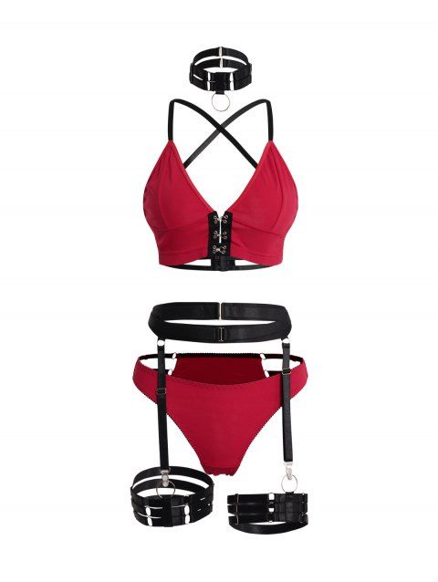 Gothic Colorblock Crisscross Bralette And Garter Lingerie Choker Necklace Bra And Panty Set