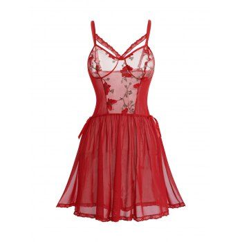 

Butterfly Embroidery Lace Sheer Mesh Babydoll Lingerie Adjustable Spaghetti Strap T Back Lingerie Set, Red