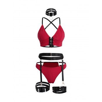 

Gothic Colorblock Crisscross Bralette And Garter Lingerie Choker Necklace Bra And Panty Set, Red