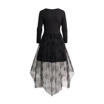 Half Zipper PU Panel Buckle Mesh Overlay Layered Solid Asymmetric Dress 
