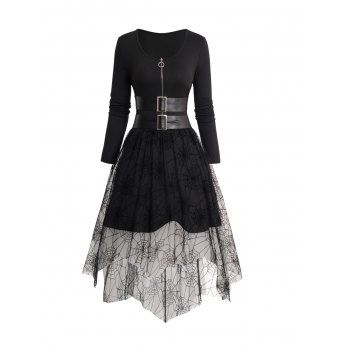 Half Zipper PU Panel Buckle Mesh Overlay Layered Solid Asymmetric Dress 