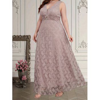 

Plus Size Plunging Neck Sleeveless Tulle Overlay Pleats Surplice Mid Waisted A Line Dress, Light pink