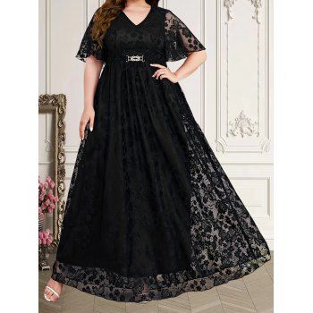 

Plus Size Lace Short Sleeve V Neck Metal Decor Maxi Dress, Black