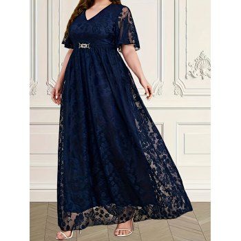 

Plus Size Lace Short Sleeve V Neck Metal Decor Maxi Dress, Deep blue