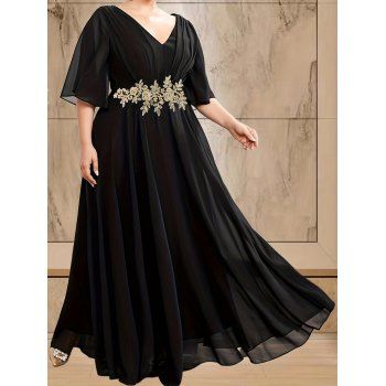 

Plus Size Floral Embroidered V-Back Flowy Maxi Dress, Black