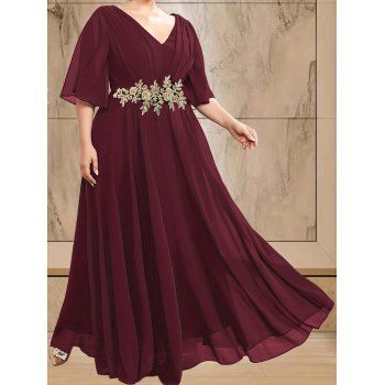 

Plus Size Floral Embroidered V-Back Flowy Maxi Dress, Deep red