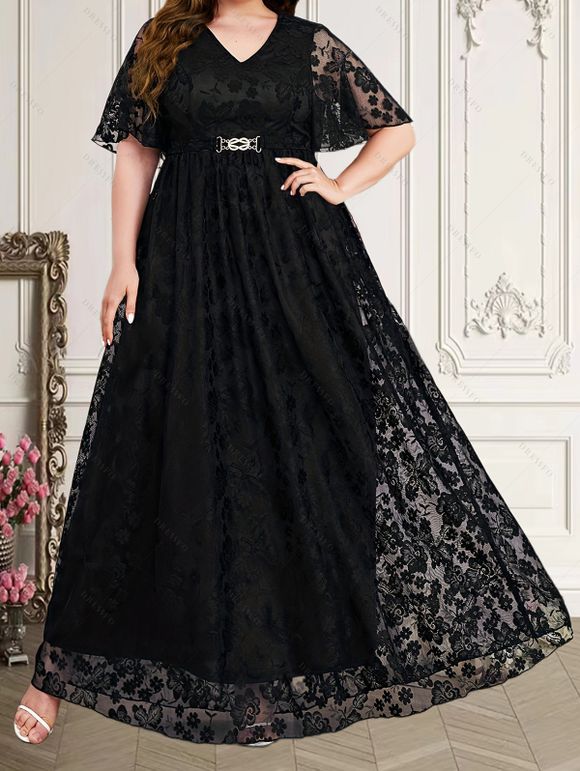 Maxi Robe en Dentelle en Métal Manches Courtes de Grande Taille à Col V - Noir 4XL | US 18