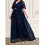 Maxi Robe en Dentelle en Métal Manches Courtes de Grande Taille à Col V - Bleu profond 4XL | US 18