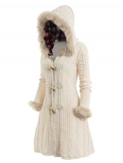Cable Knit Plaid Faux Fur Panel Hooded Coat Horn Button Long Knitted Coat