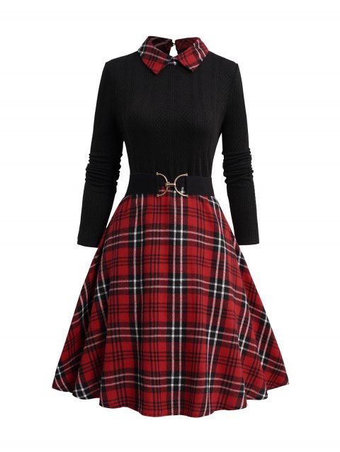 Twisted Textured Knit Panel Plaid Print D-Ring Detail Long Sleeve Mid Waist Dress