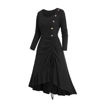 Cinched Flounce High Low Knit Dress Mock Button Solid Color Long Sleeve Midi Knitted Dress 