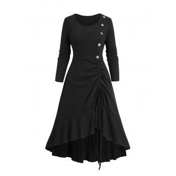 

Cinched Flounce High Low Knit Dress Mock Button Solid Color Long Sleeve Midi Knitted Dress, Black