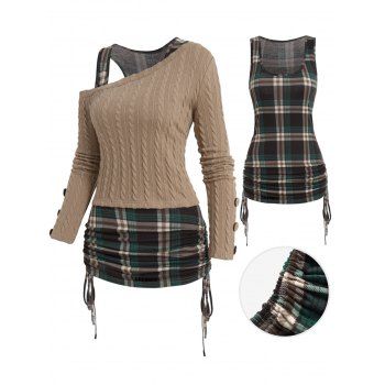 

Skew Collar Mock Button Twist Cable Knit Top And Plaid Print Cinched Ruched Tank Top Two Piece Set, Light coffee