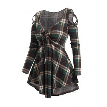 

Long Sleeve Plaid Top Lattice Cut Out Ruched Tie Knot Sweetheart Neck Top, Deep coffee