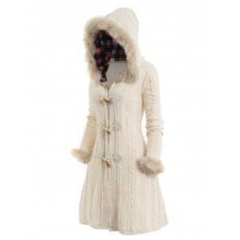 

Cable Knit Plaid Faux Fur Panel Hooded Coat Horn Button Long Knitted Coat, Light coffee