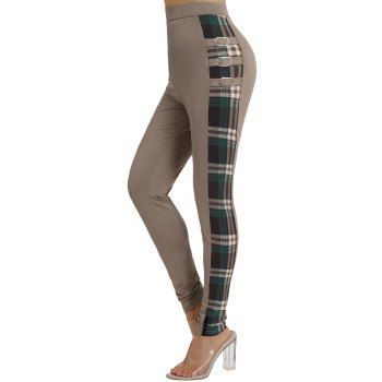 

Plaid Print Panel Leggings Buckle Strap Long High Waist Leggings, Coffee